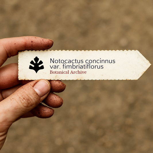 Printed plant label for Notocactus concinnus var. fimbriatiflorus held by dirty hand outdoors