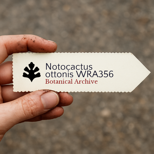 Printed plant label for Notocactus ottonis WRA356 held by dirty hand outdoors