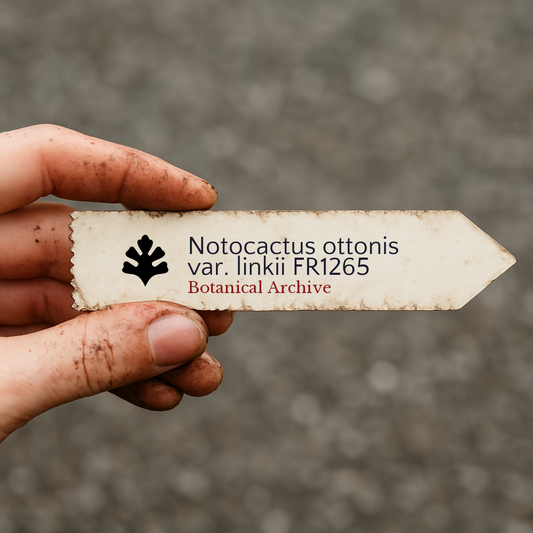 Printed plant label for Notocactus ottonis var. linkii held by dirty hand outdoors