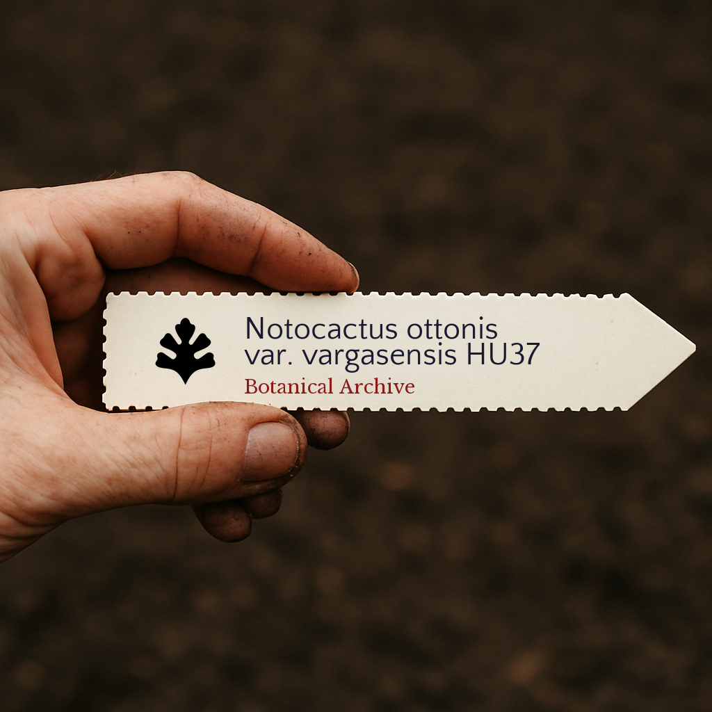 Etiqueta de planta impressa para Notocactus ottonis var. vargasensis HU37 segurada à mão sobre fundo de terra