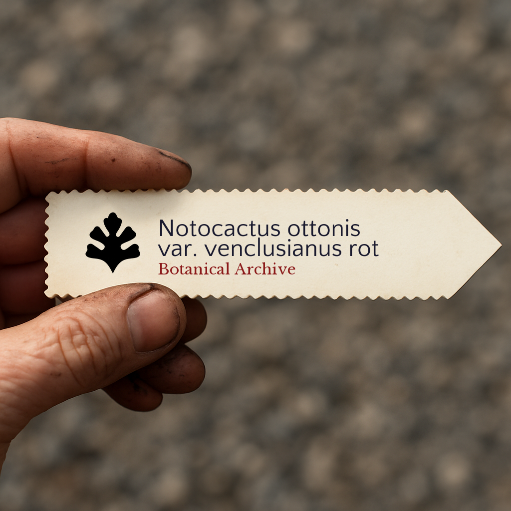 Etiqueta de planta impressa para Notocactus ottonis var. venclusianus rot segurada à mão com fundo de terra