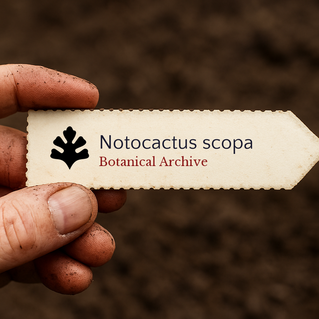 Etiqueta de planta impressa para Notocactus scopa segurada por mão suja sobre fundo de terra