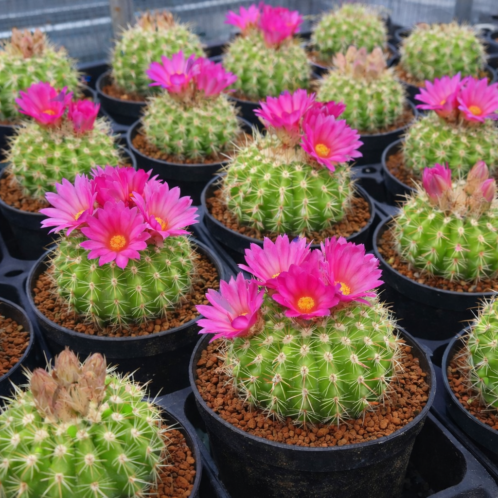 กระบองเพชร โนโตแคคตัส เฮอร์เทรี พร้อมดอกสีชมพูสดใส ในกระถางเล็ก