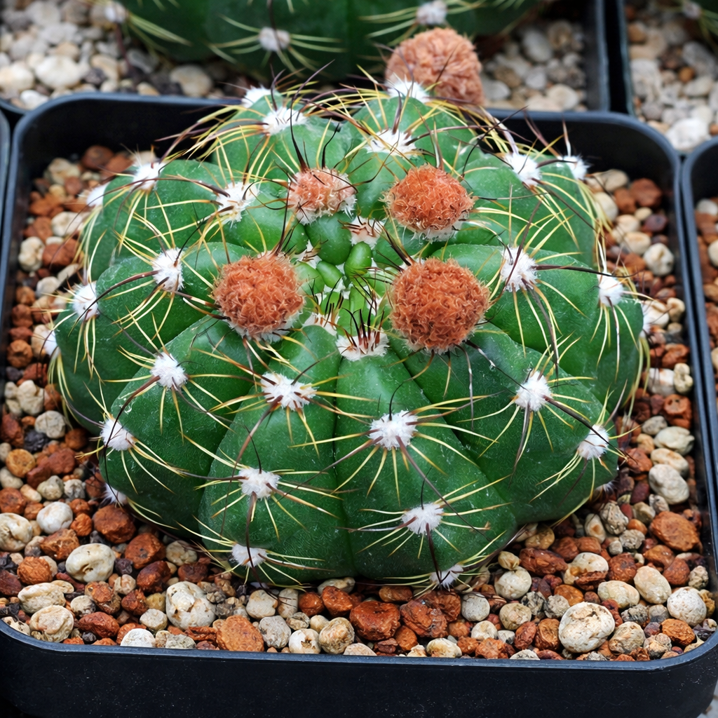 แคคตัส โนโตแคคตัส มิลิทาริส รูปร่างกลมสีเขียว พร้อมตุ่มขนส้มสีส้มนุ่มในกระถาง