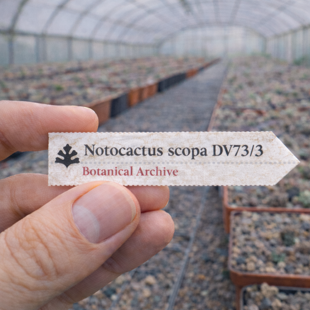 ป้ายพืชพิมพ์ลายสำหรับ โนโตแคคตัส สโคปา ถืออยู่ในเรือนกระจกโดยมีถาดเพาะต้นกล้าอยู่เบื้องหลัง