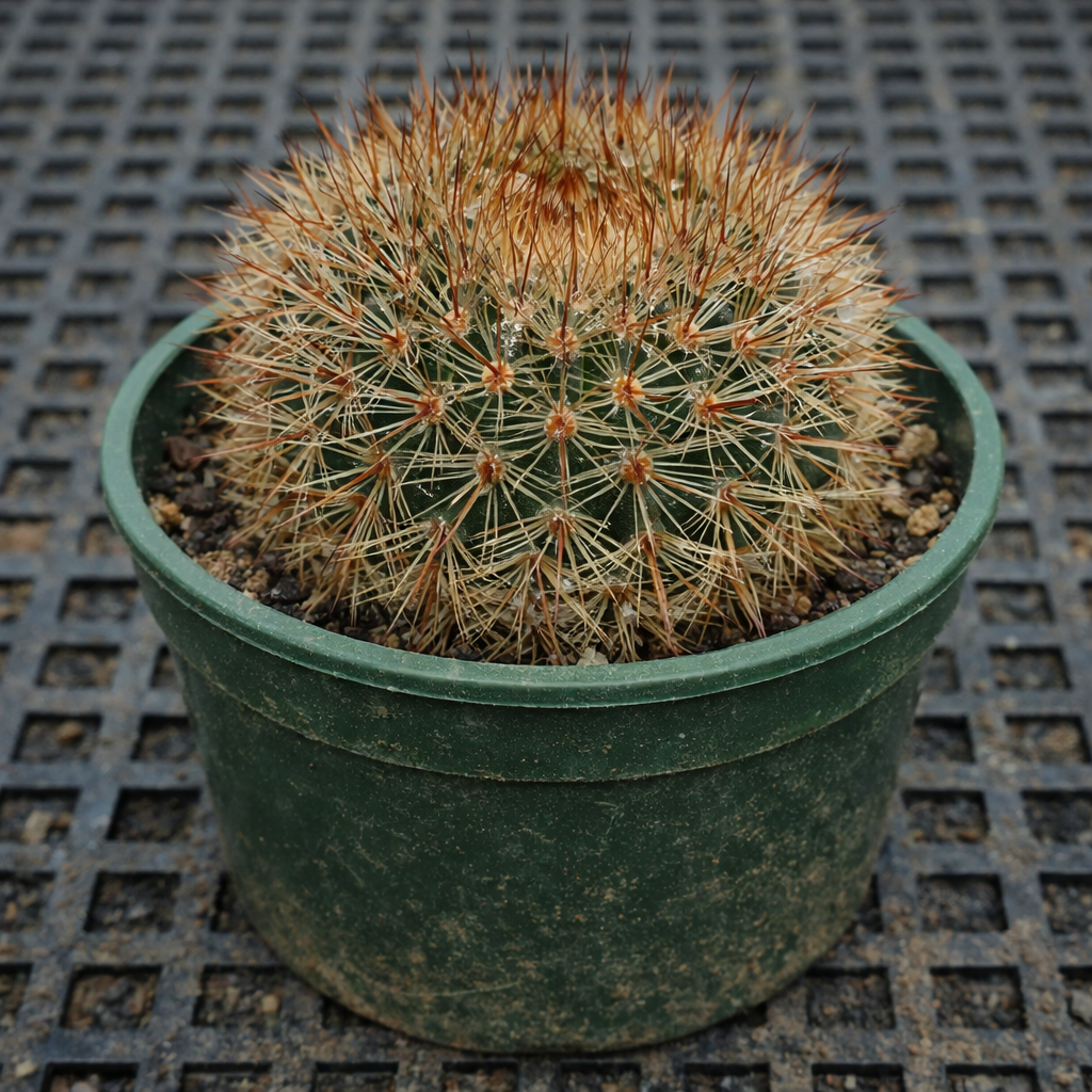 โนโตแคคตัส ซักซิเนอัส แคคตัสกลมเล็กมีหนามสีส้มและสีขาวหนาแน่นในกระถางสีเขียว