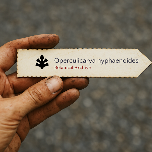 Printed plant label for Operculicarya hyphaenoides held by dirty hand outdoors