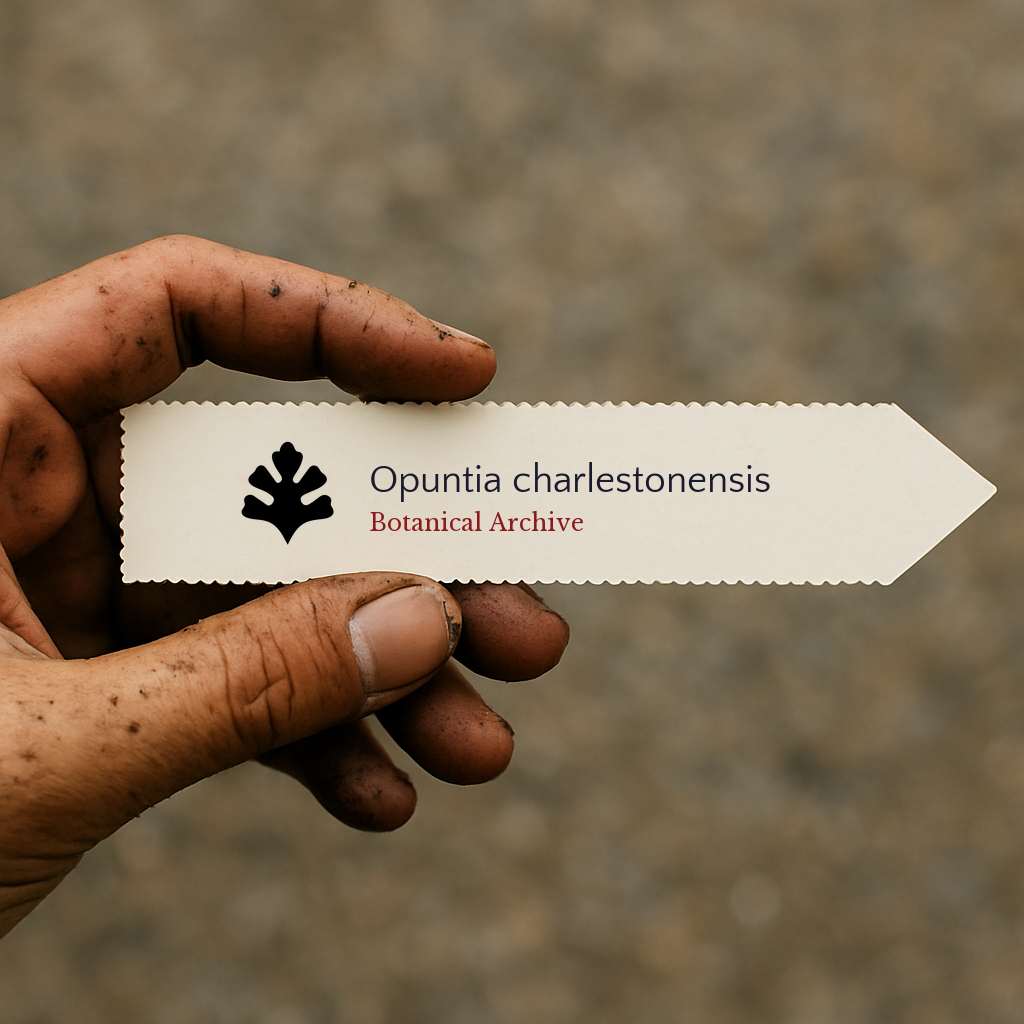 Printed plant label for Opuntia charlestonensis held by dirty hand outdoors