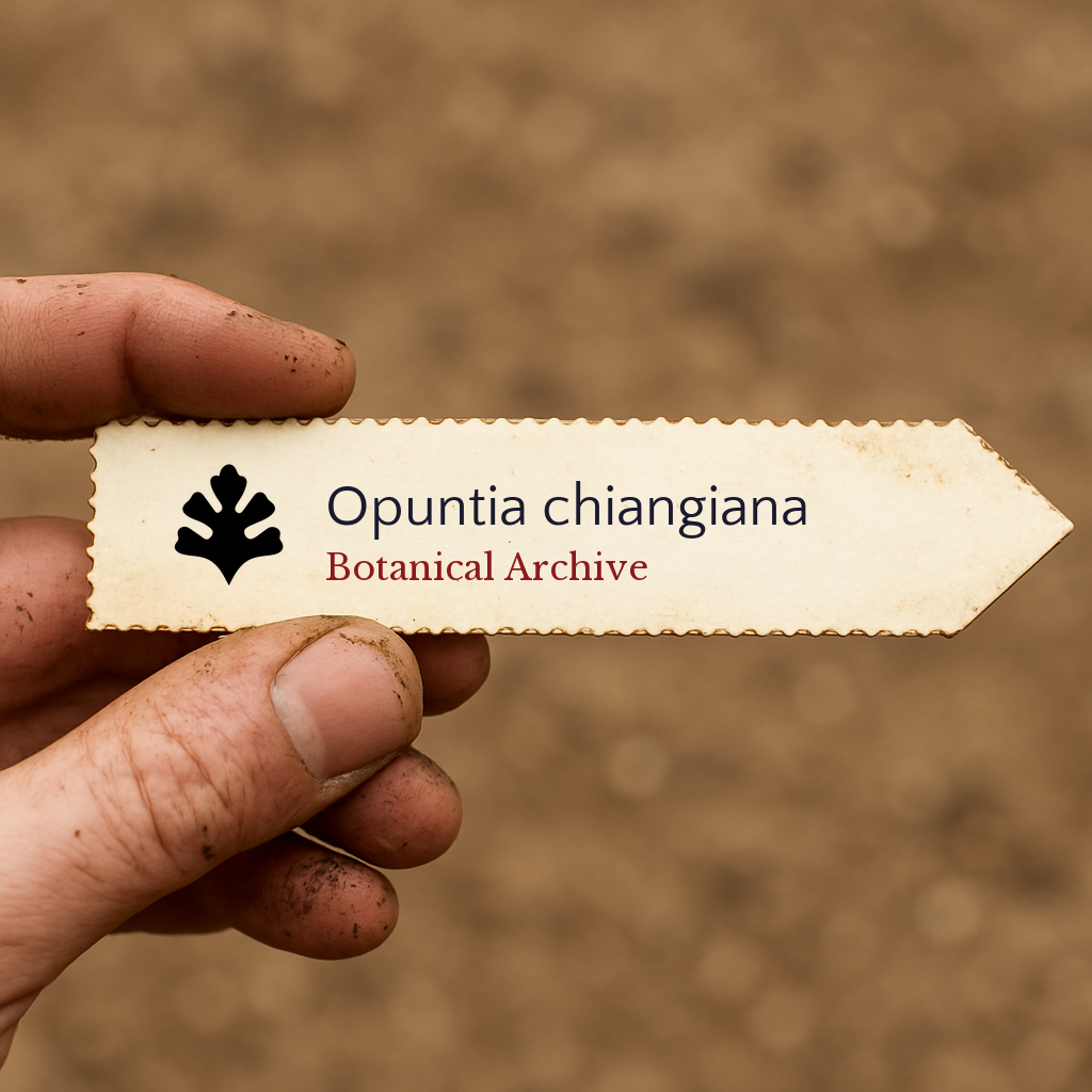 Printed plant label for Opuntia chiangiana with botanical archive logo held by hand