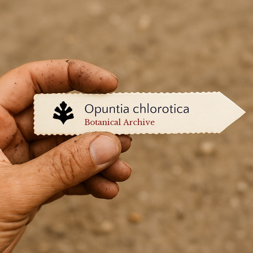 Printed plant label for Opuntia chlorotica held by hand with soil background