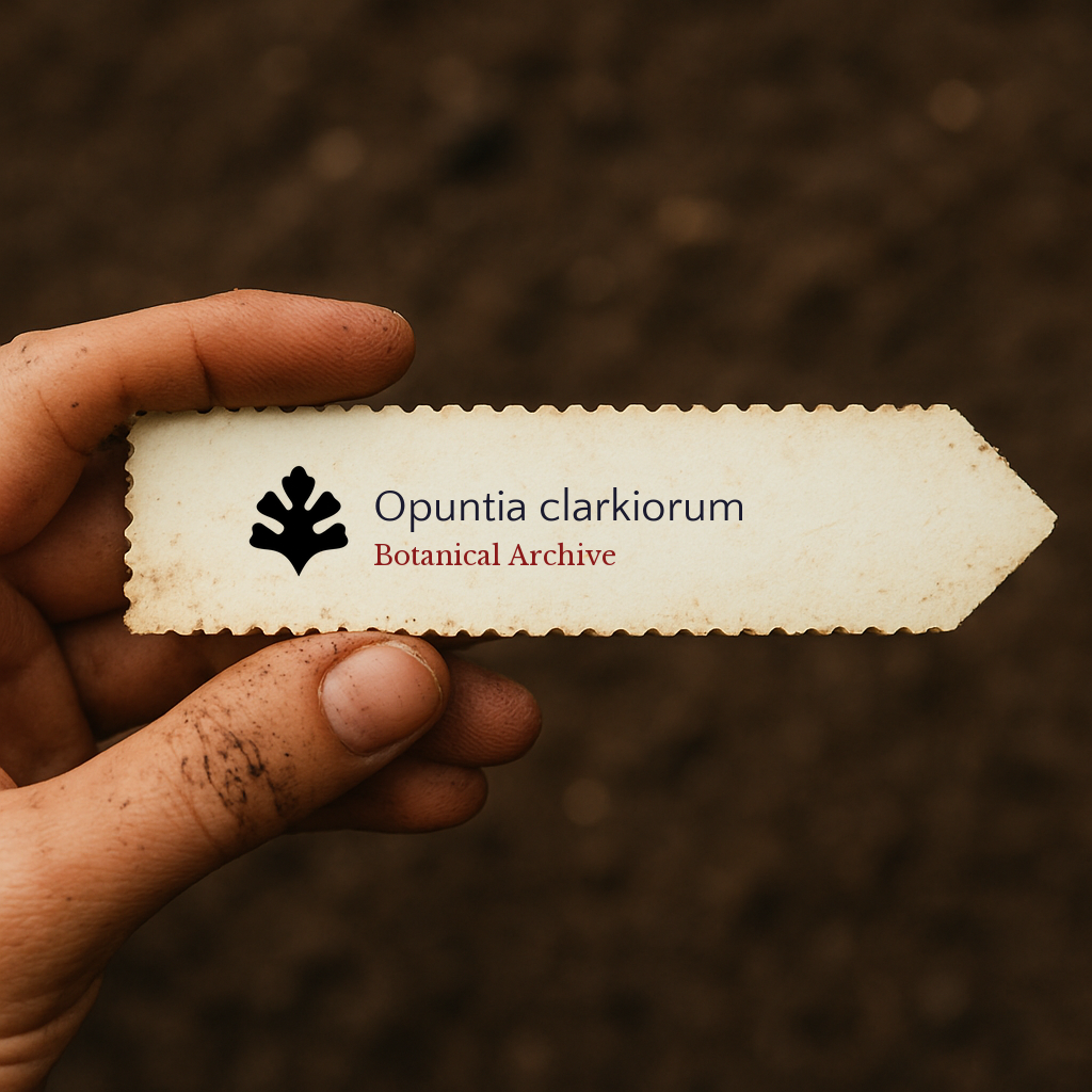 Printed plant label for Opuntia clarkiorum held over soil background