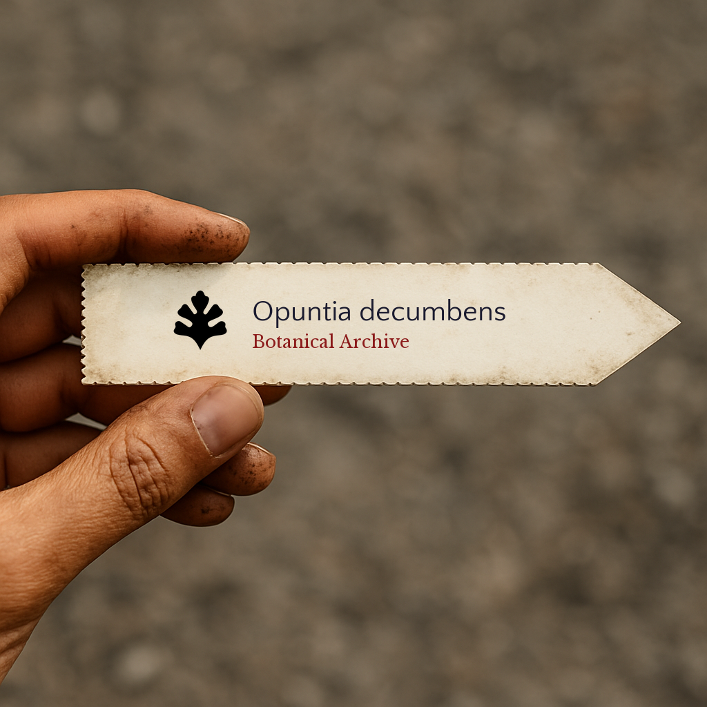 Printed plant label for Opuntia decumbens held by hand with blurred background
