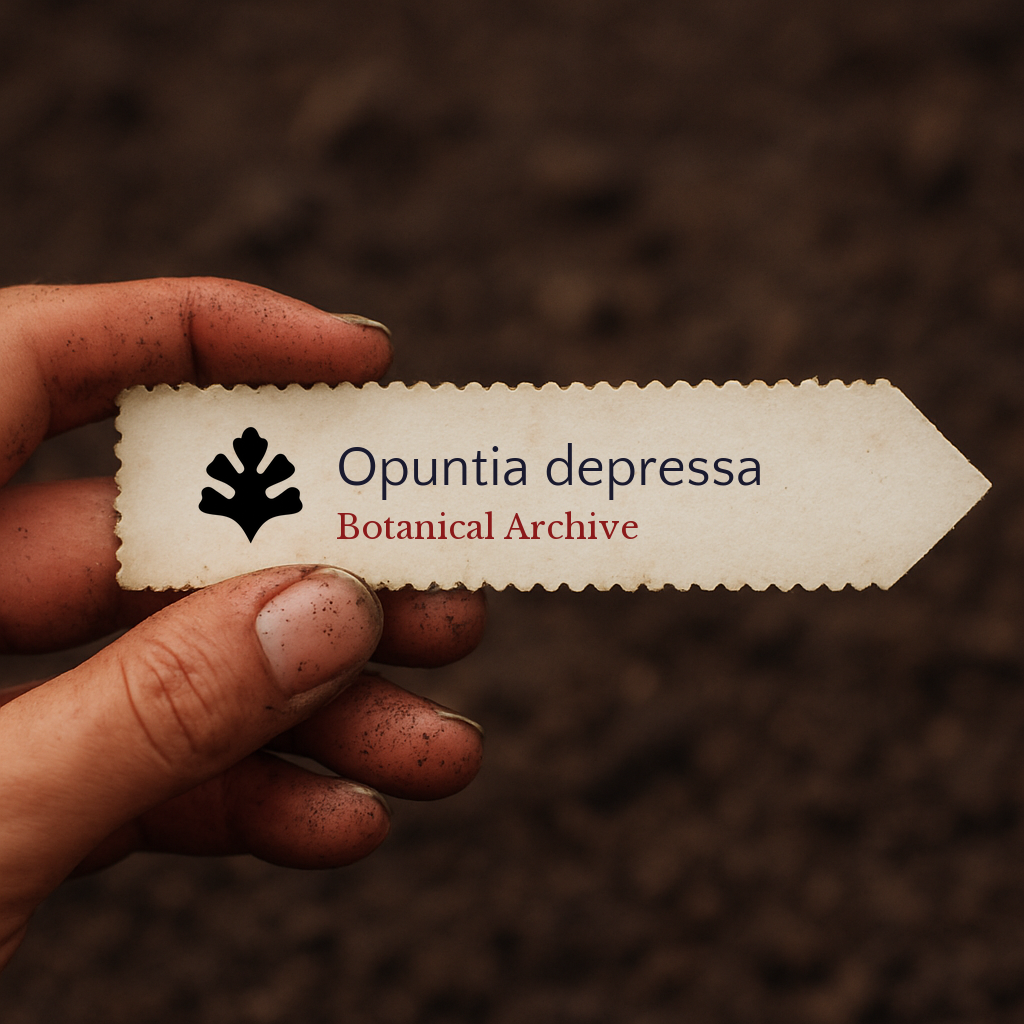 Printed plant label for Opuntia depressa held by dirty hand over soil background