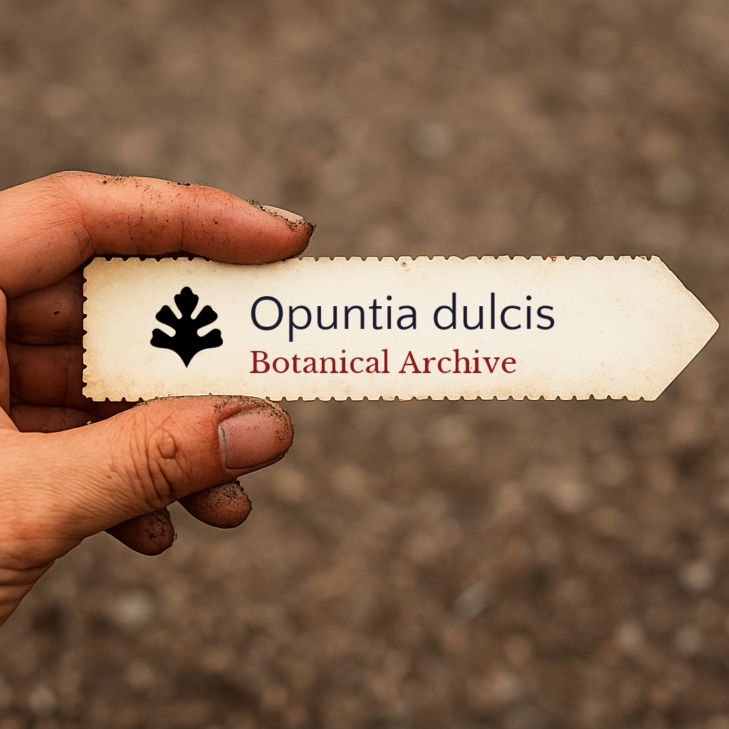 Printed plant label for Opuntia dulcis with botanical archive logo held by hand