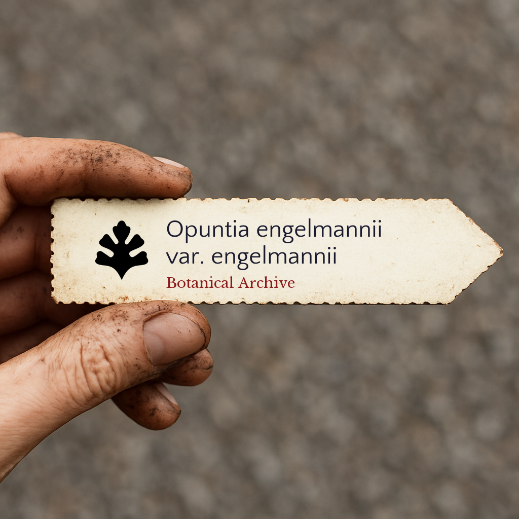 Printed plant label for Opuntia engelmannii var. engelmannii held by dirty hand