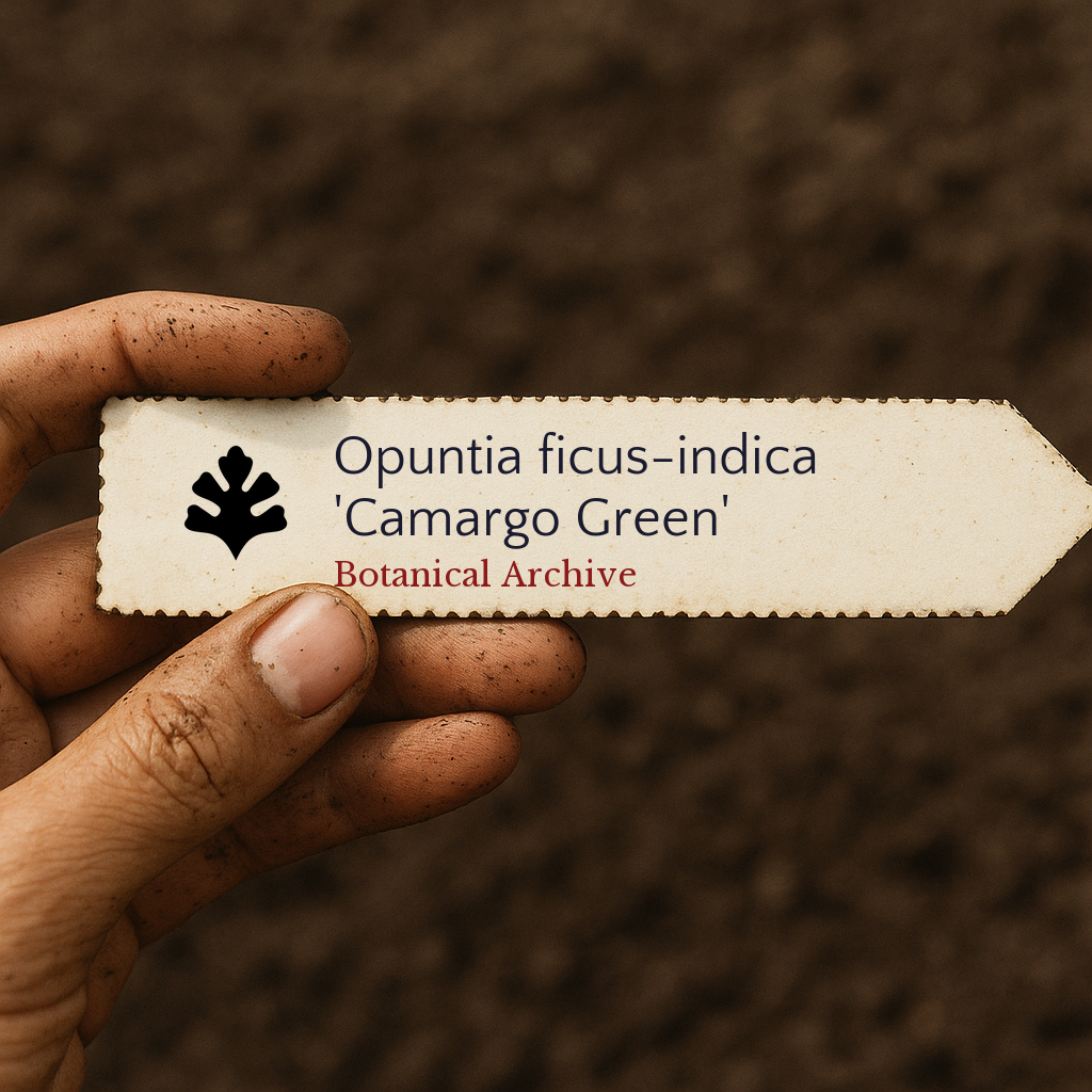 Printed plant label for Opuntia ficus-indica 'Camargo Green' held over soil background