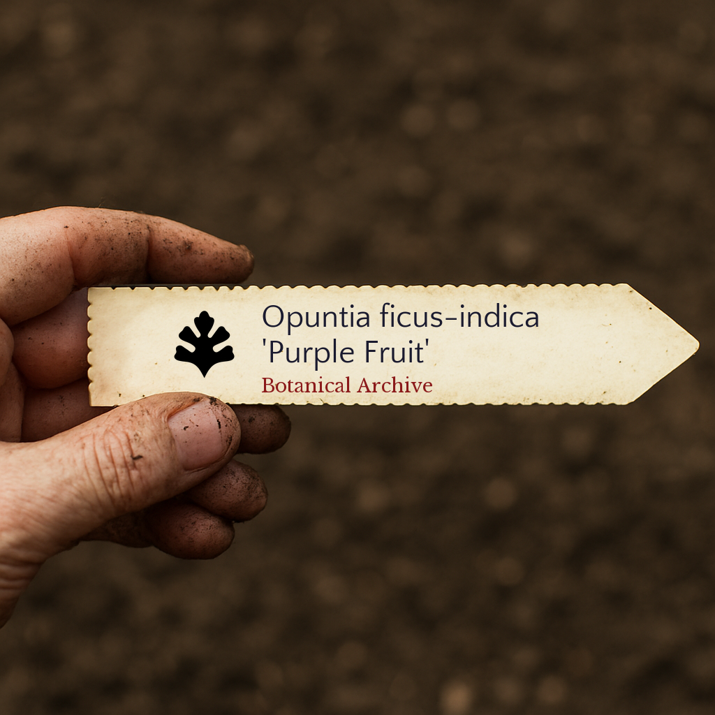 Printed plant label for Opuntia ficus-indica 'Purple Fruit' held by dirty hand outdoors