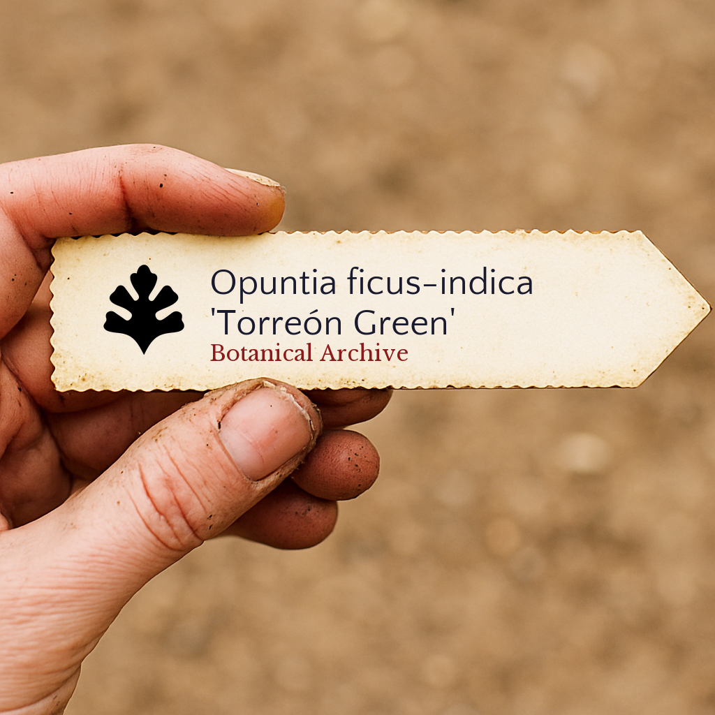 Printed plant label for Opuntia ficus-indica 'Torreón Green' held by hand outdoors