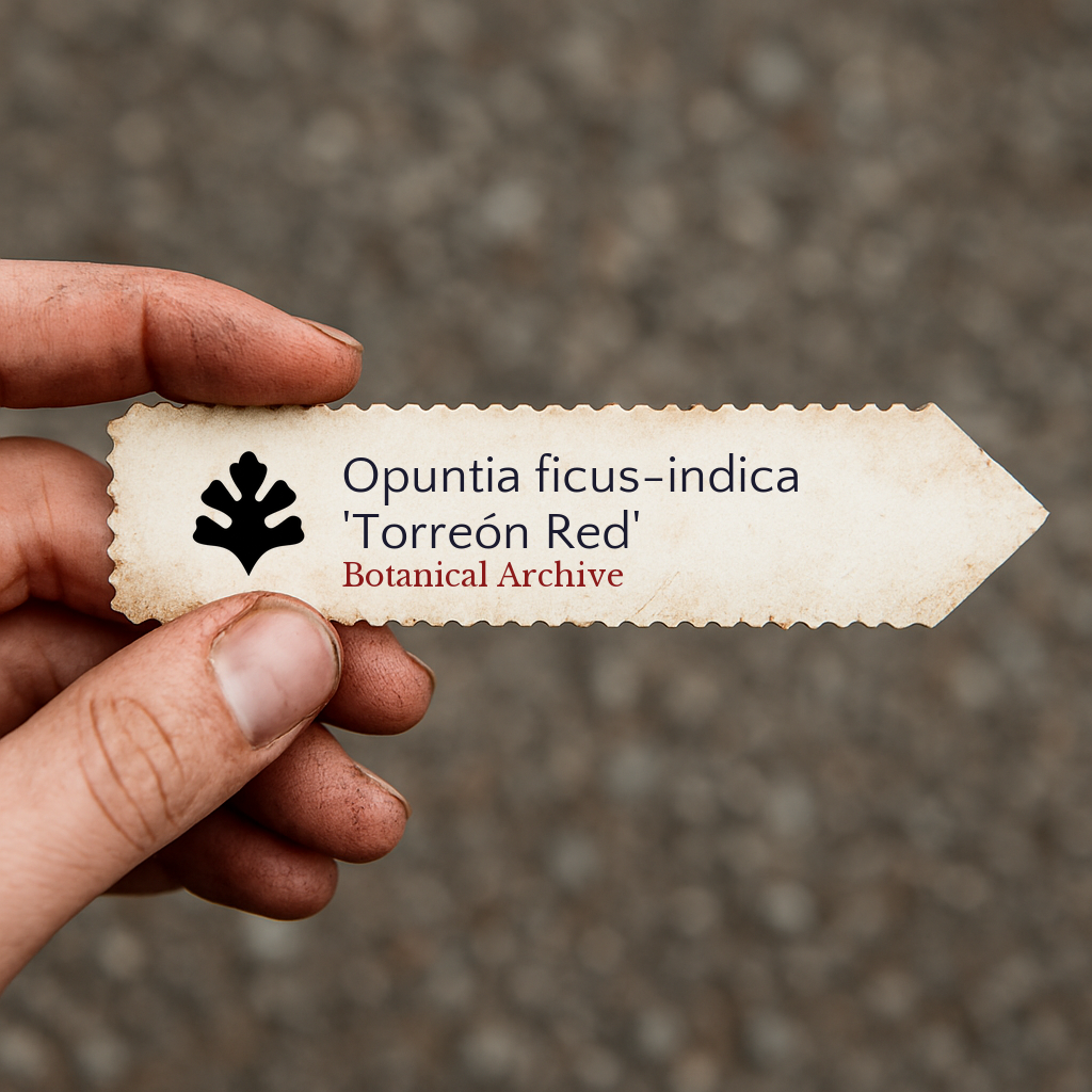 Printed plant label for Opuntia ficus-indica 'Torreón Red' held by hand outdoors