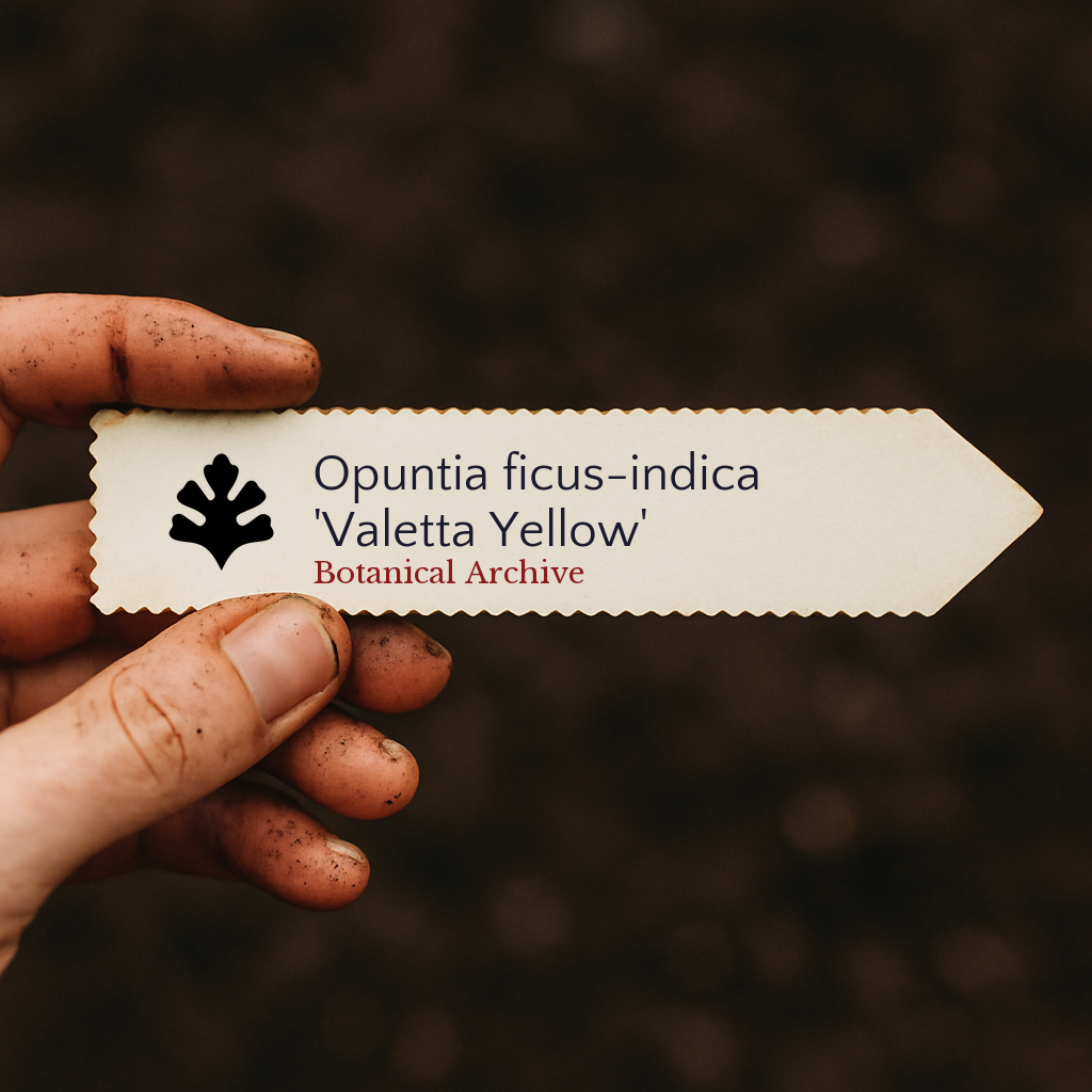 Printed plant label for Opuntia ficus-indica 'Valetta Yellow' held by dirty hand