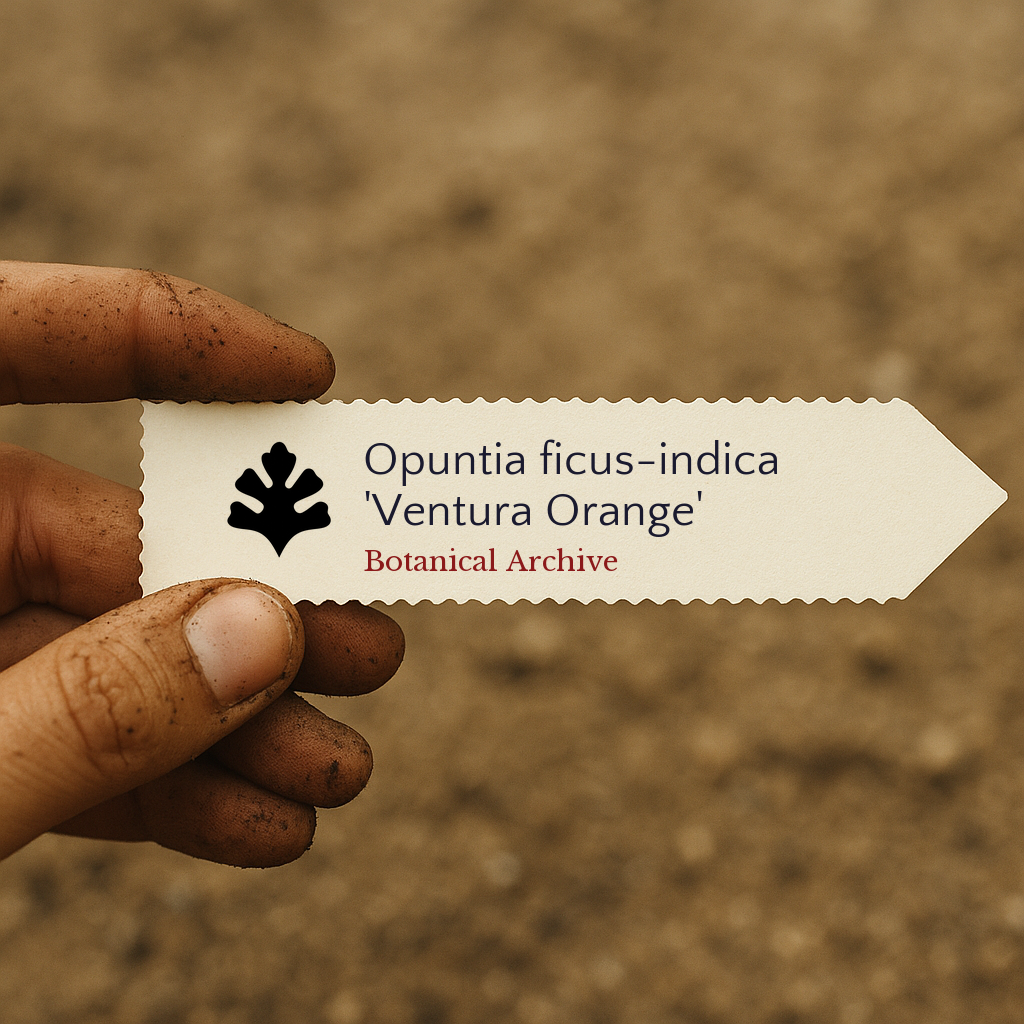 Printed plant label for Opuntia ficus-indica 'Ventura Orange' held by dirty hand outdoors