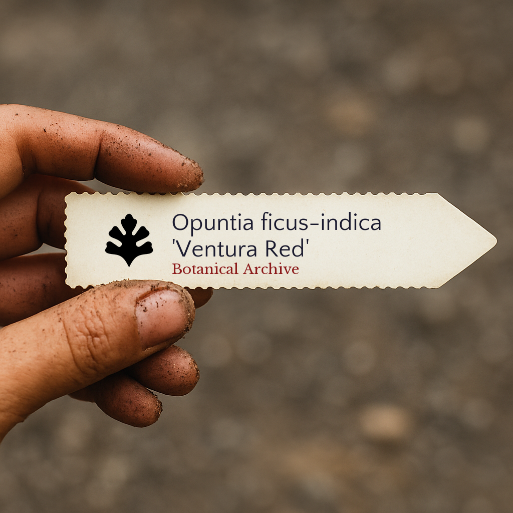 Printed plant label for Opuntia ficus-indica 'Ventura Red' held by hand with soil dirt