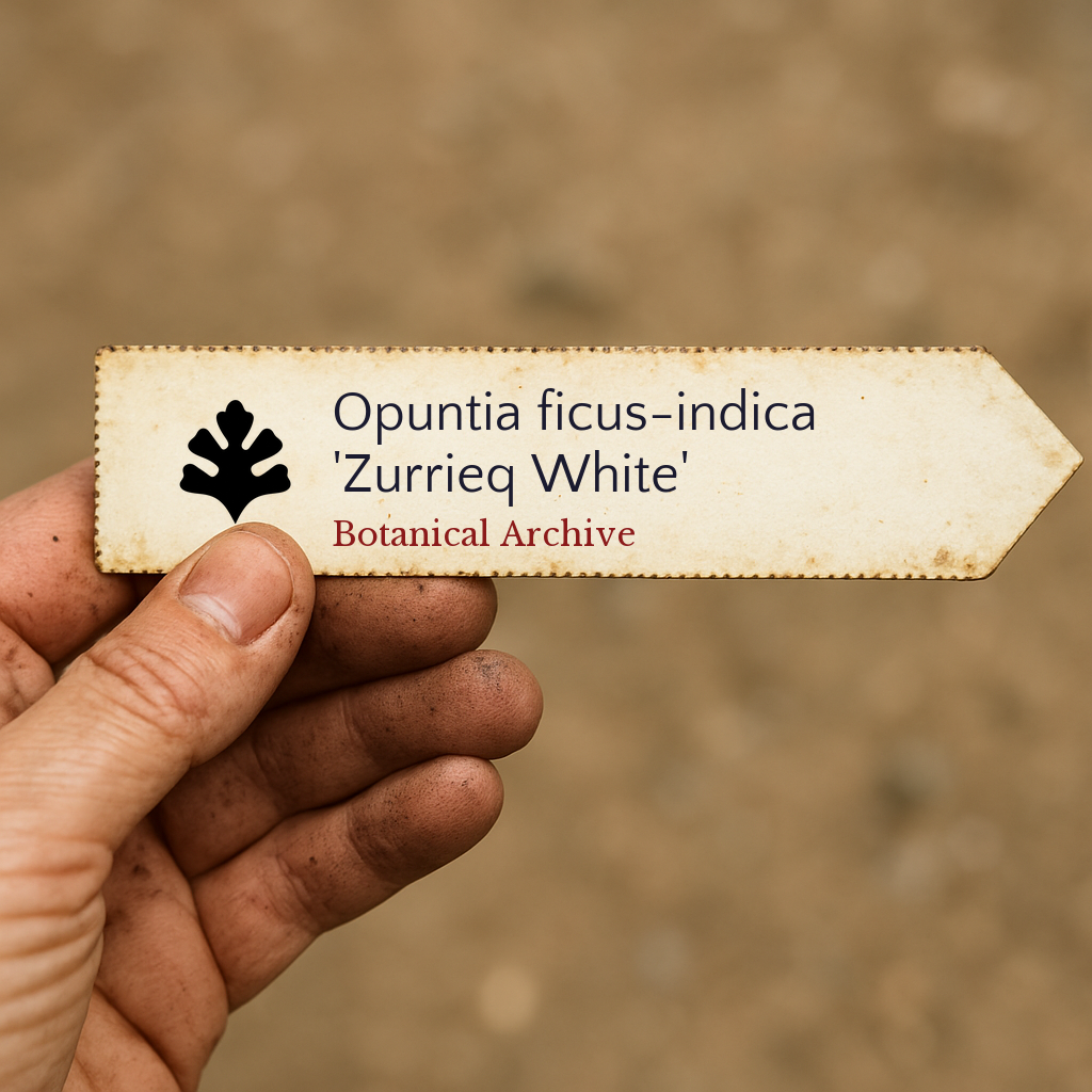 Printed plant label for Opuntia ficus-indica 'Zurrieq White' held by dirty hand