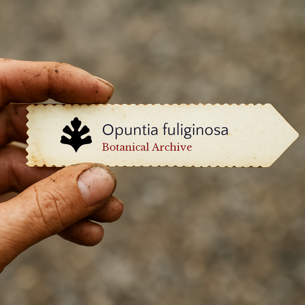 Printed plant label for Opuntia fuliginosa with botanical archive logo held by hand