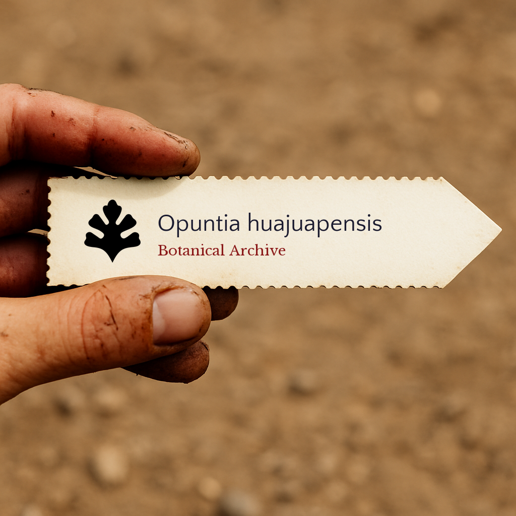 Printed plant label for Opuntia huajuapensis held by hand with soil background