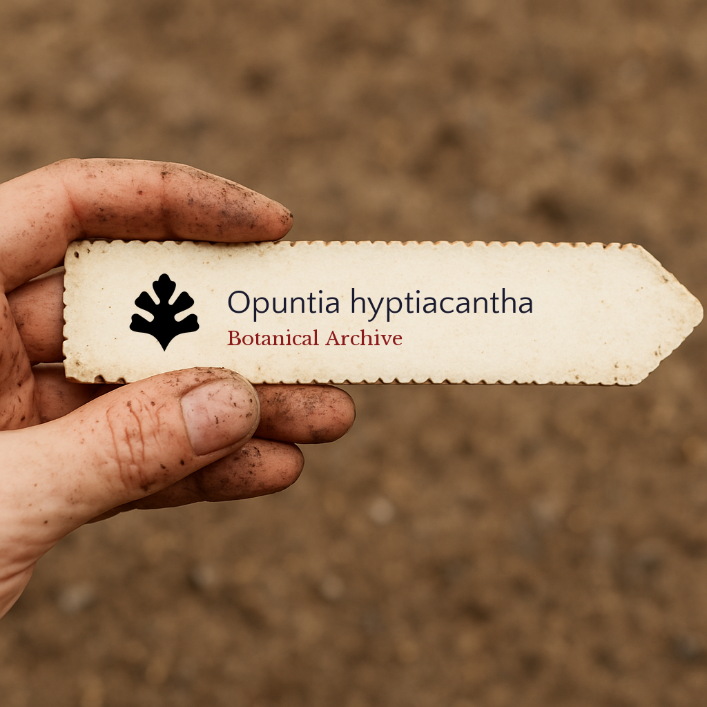 Printed plant label for Opuntia hyptiacantha held by dirty hand with soil background