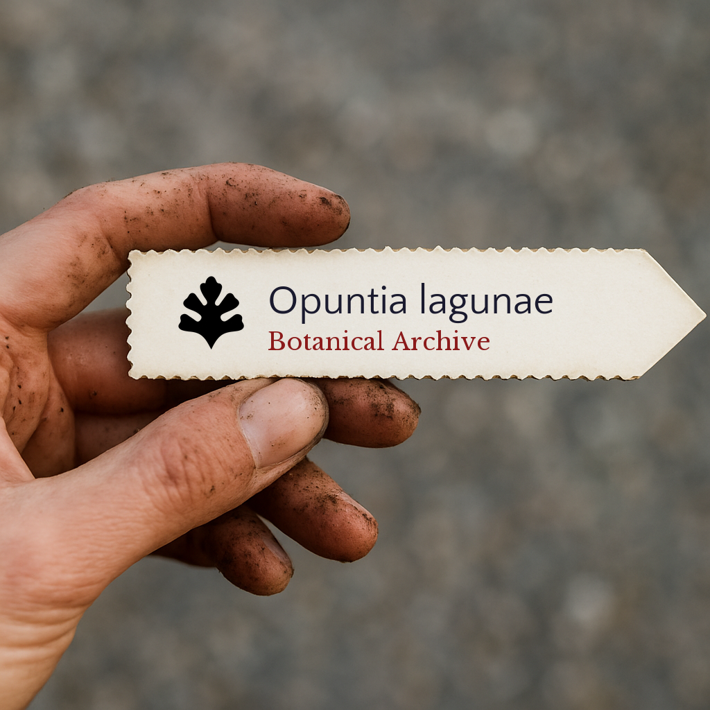 Printed plant label for Opuntia lagunae held by dirty hand outdoors