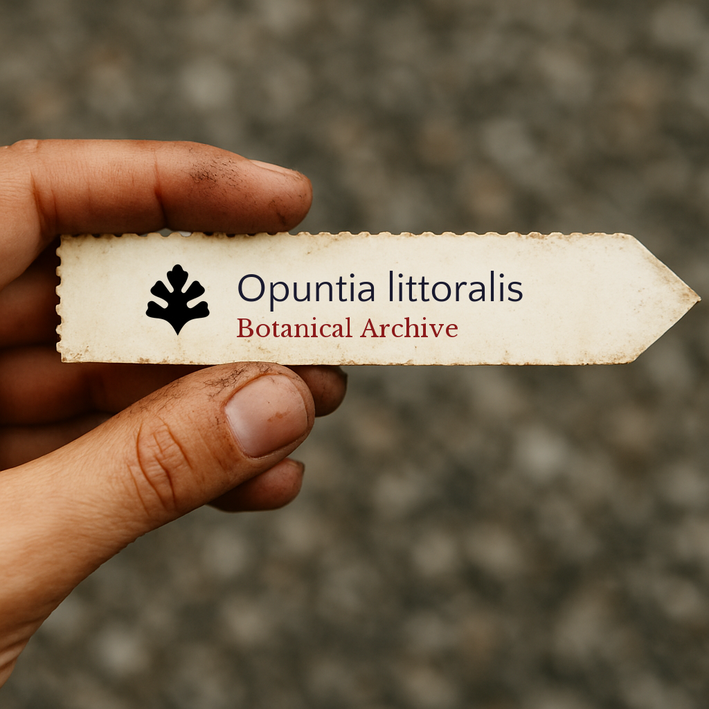Printed botanical archive label for Opuntia littoralis held by hand with dirt on fingers