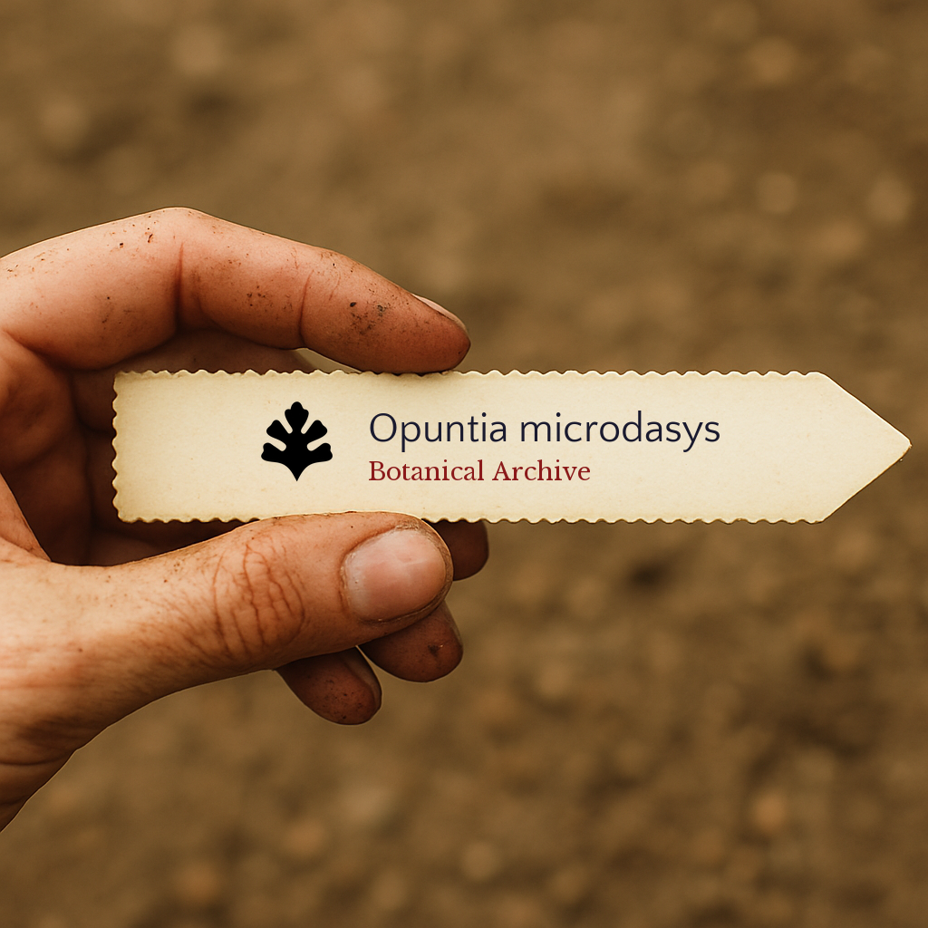 Printed plant label for Opuntia microdasys held by hand with soil background