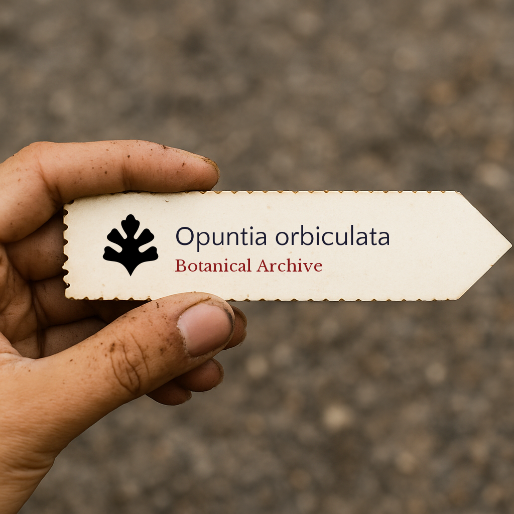 Printed plant label for Opuntia orbiculata held by hand with dirt background