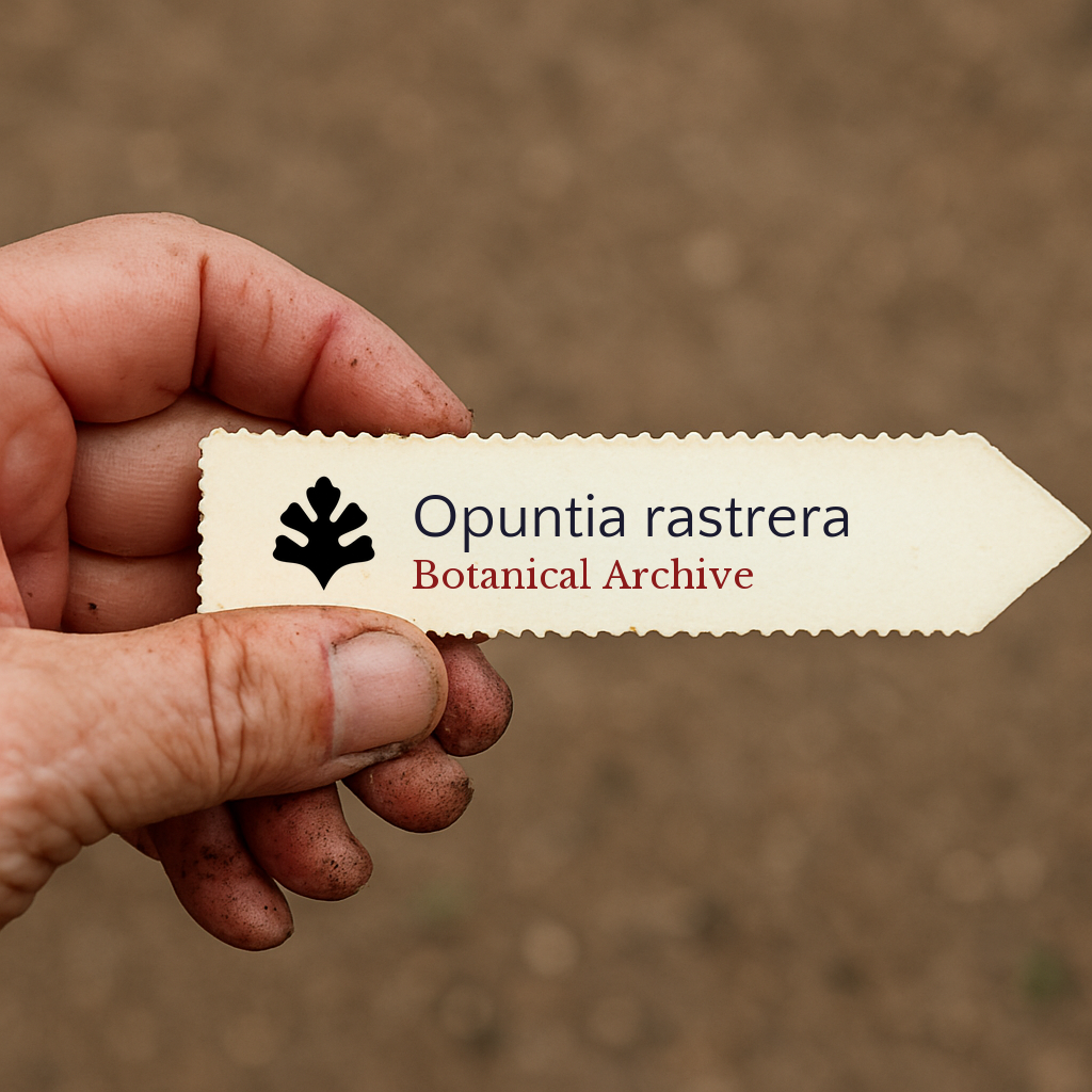 Printed plant label for Opuntia rastrera held by dirty hand against soil background