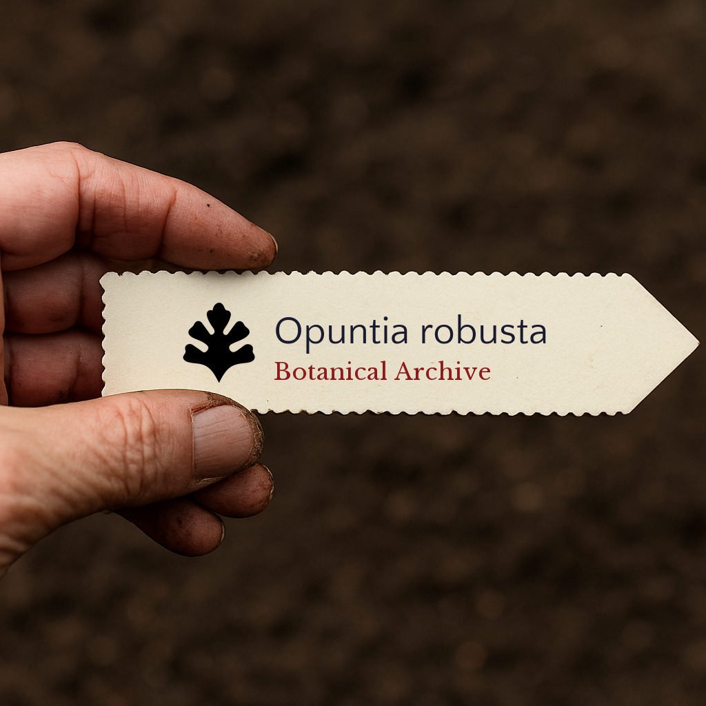 Printed plant label for Opuntia robusta held in hand with soil background