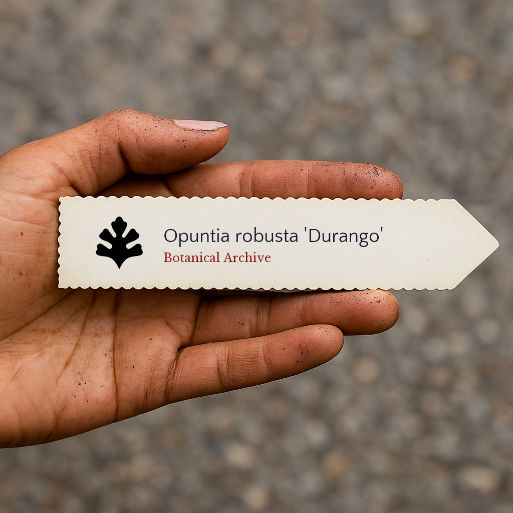 Printed plant label for Opuntia robusta 'Durango' held in hand with dirt on fingers