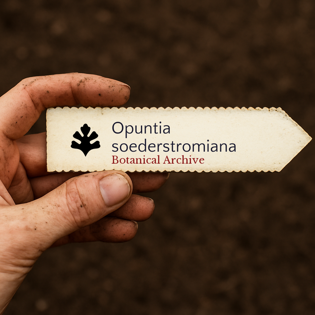 Printed plant label for Opuntia soederstromiana held by hand over soil background