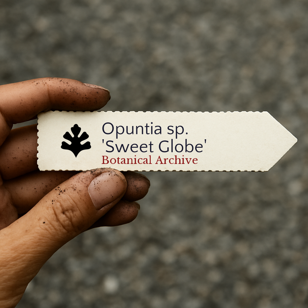 Printed plant label for Opuntia sp. 'Sweet Globe' held by dirty hand outdoors