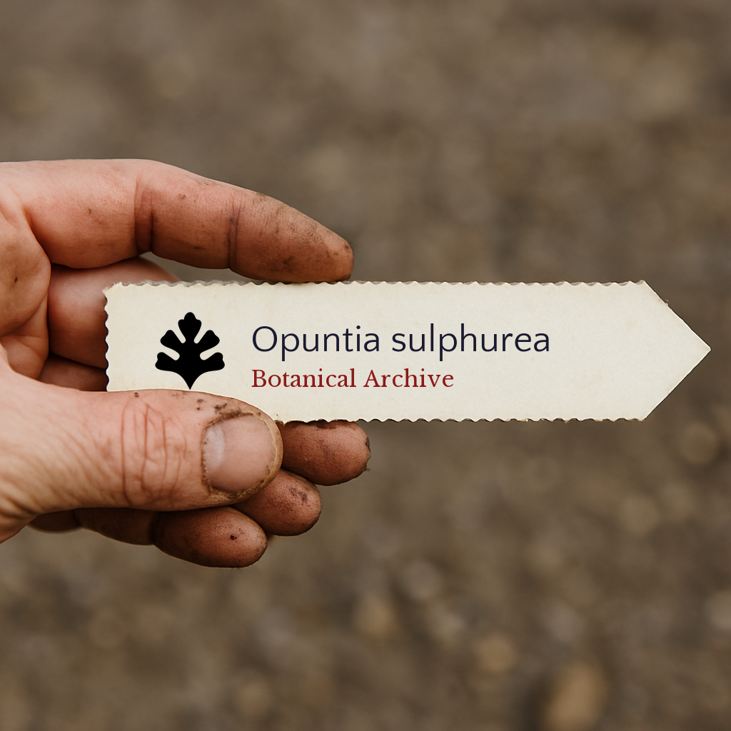 Printed plant label for Opuntia sulphurea held by a hand with soil-stained fingers