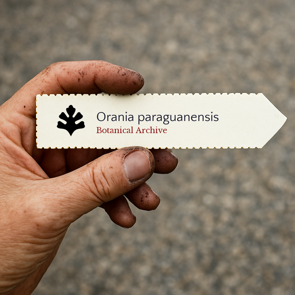 Printed plant label for Orania paraguanensis held by dirty hand outdoors
