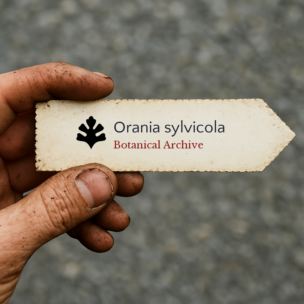 Handheld vintage botanical archive label for Orania sylvicola with leaf icon