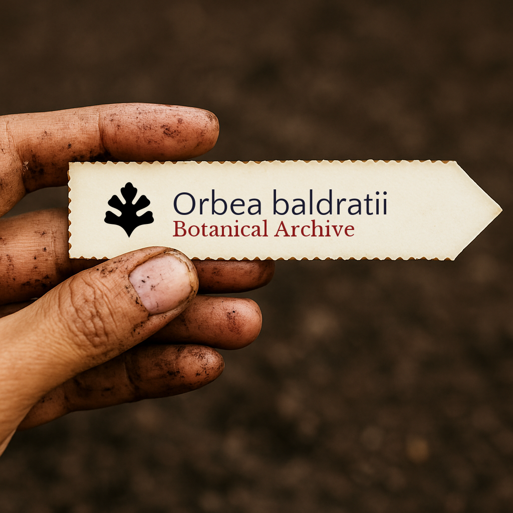 Printed plant label for Orbea baldratii held by dirty hand against soil background
