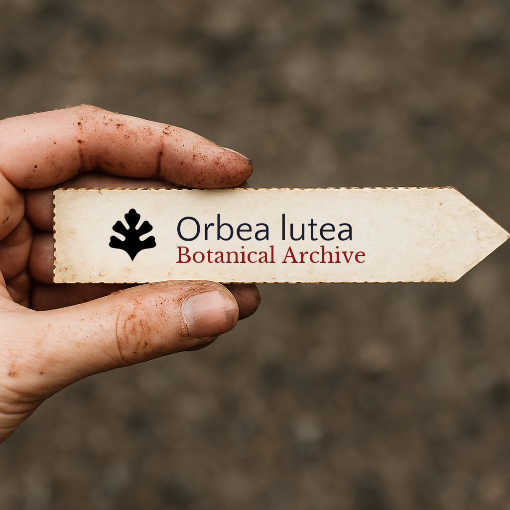 Printed plant label for Orbea lutea held by dirty hand outdoors