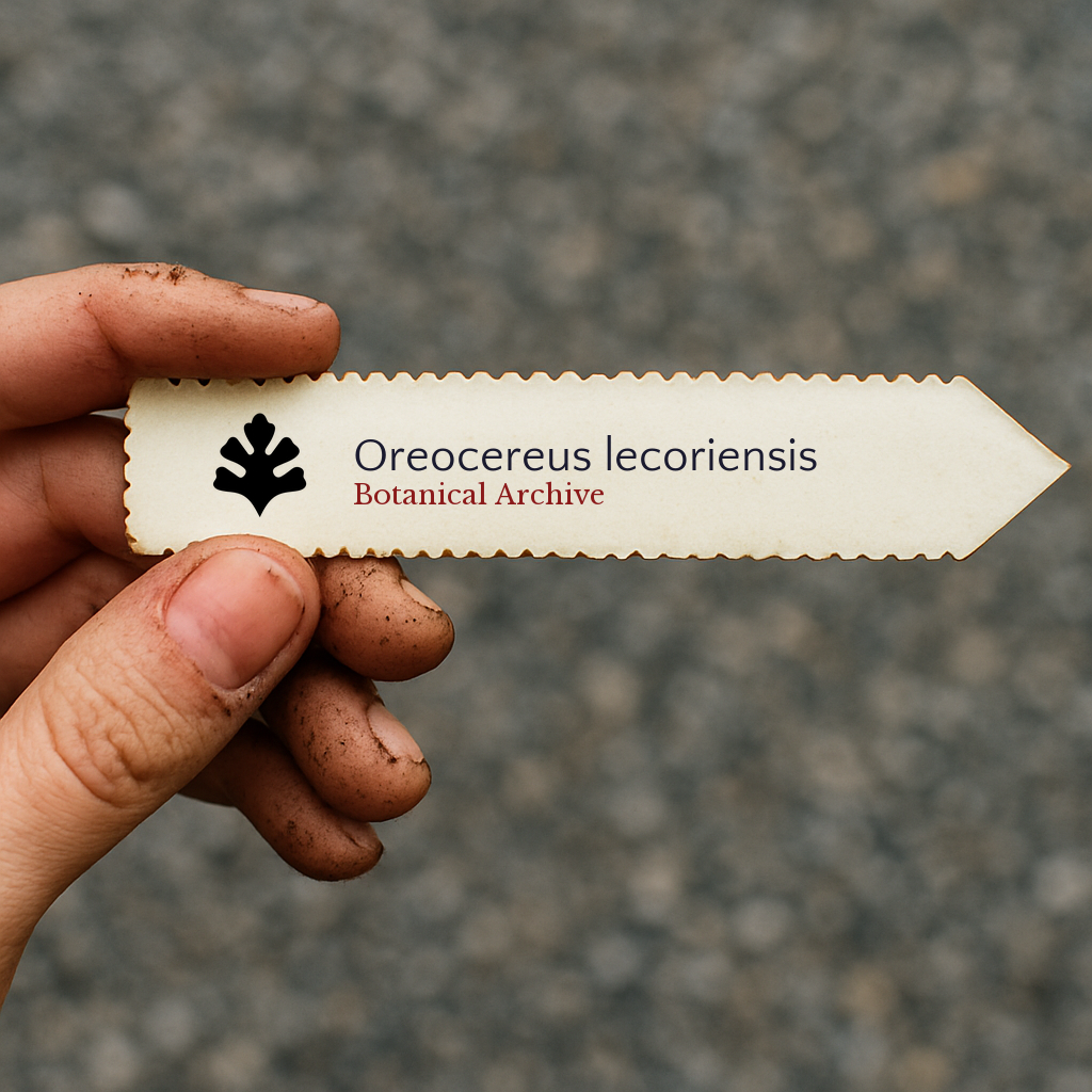 Printed plant label for Oreocereus lecoriensis held by hand with soil on fingers
