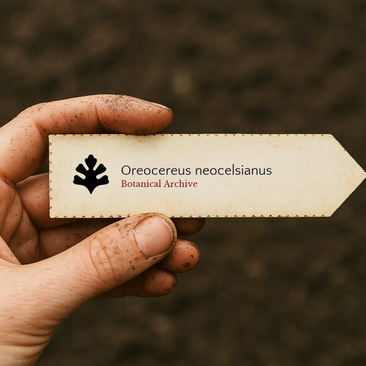 Printed plant label for Oreocereus neocelsianus held by dirty hand against soil background