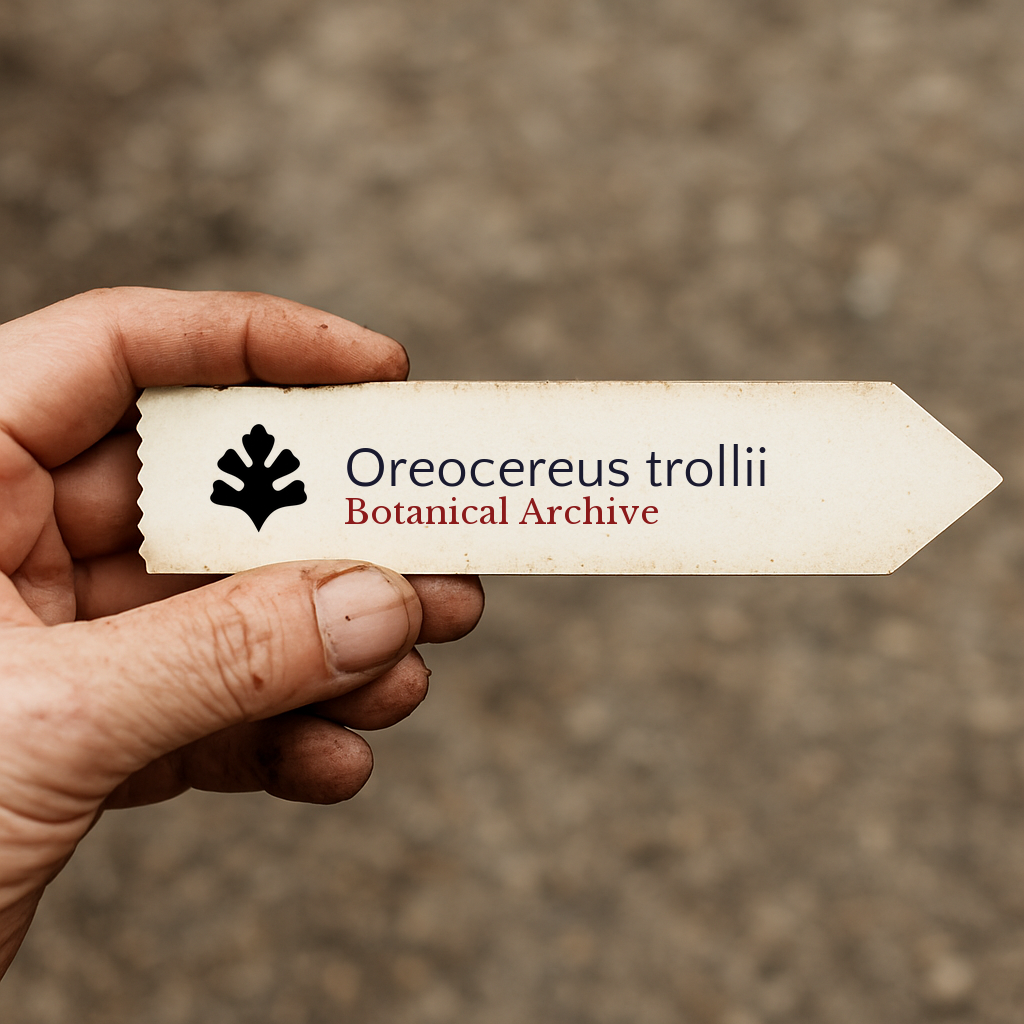 Printed plant label for Oreocereus trollii held by hand with dirt background