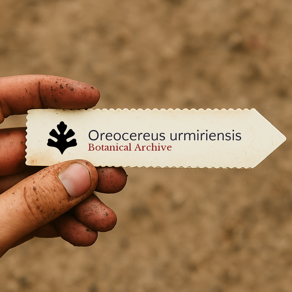 Printed plant label for Oreocereus urmiriensis held by dirty hand against soil background