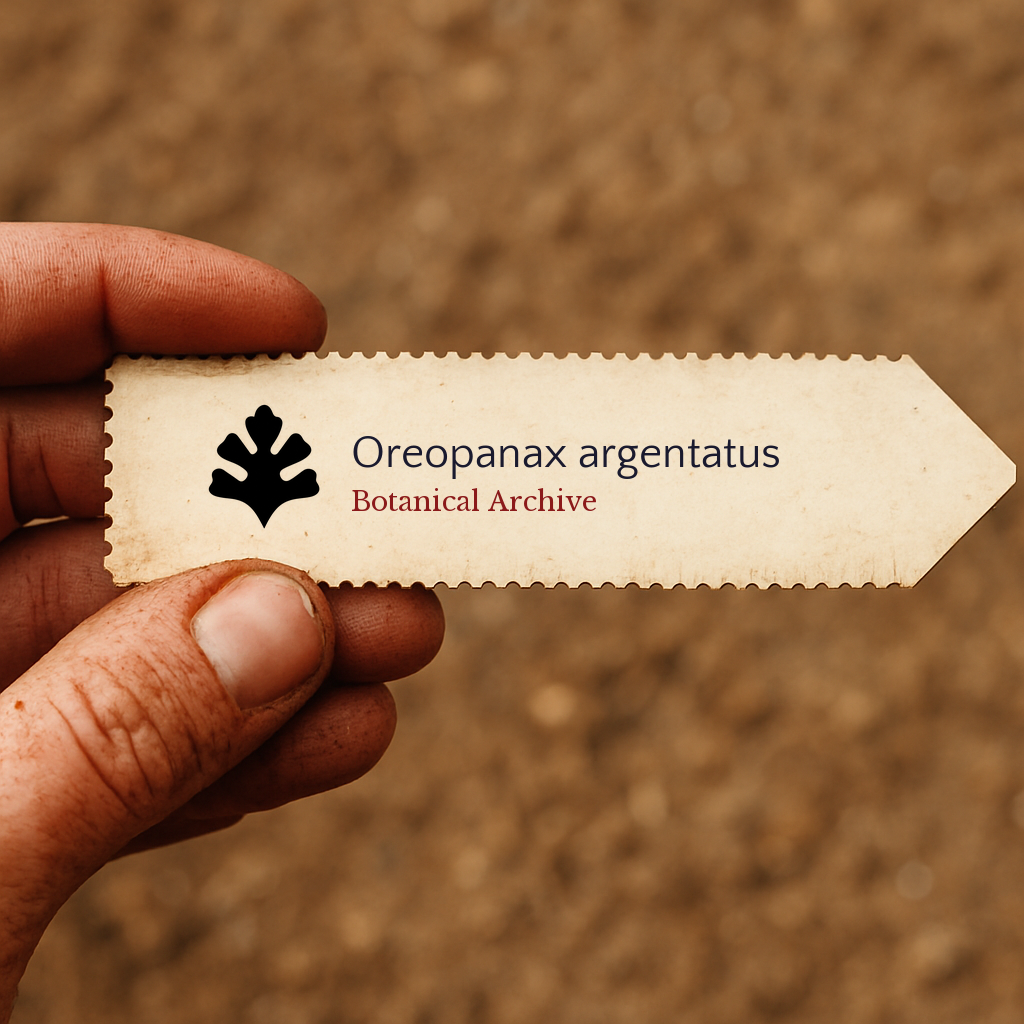 Printed plant label for Oreopanax argentatus with botanical archive logo held by hand