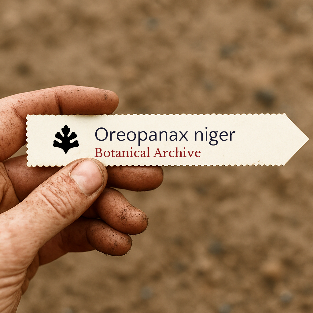 Printed plant label for Oreopanax niger held by dirty hand over soil background